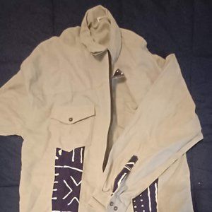 grey shirt/jacket with african inspired blue and white print patches
